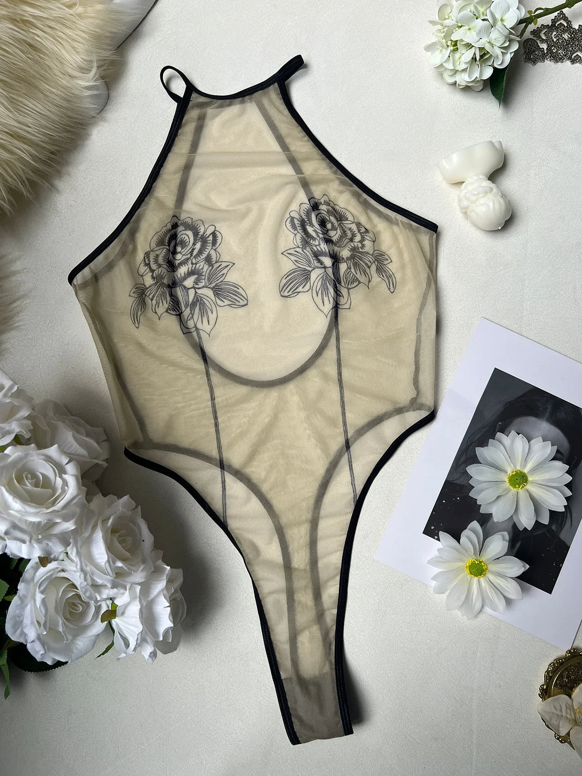 Rose Sheer Backless Bodysuit